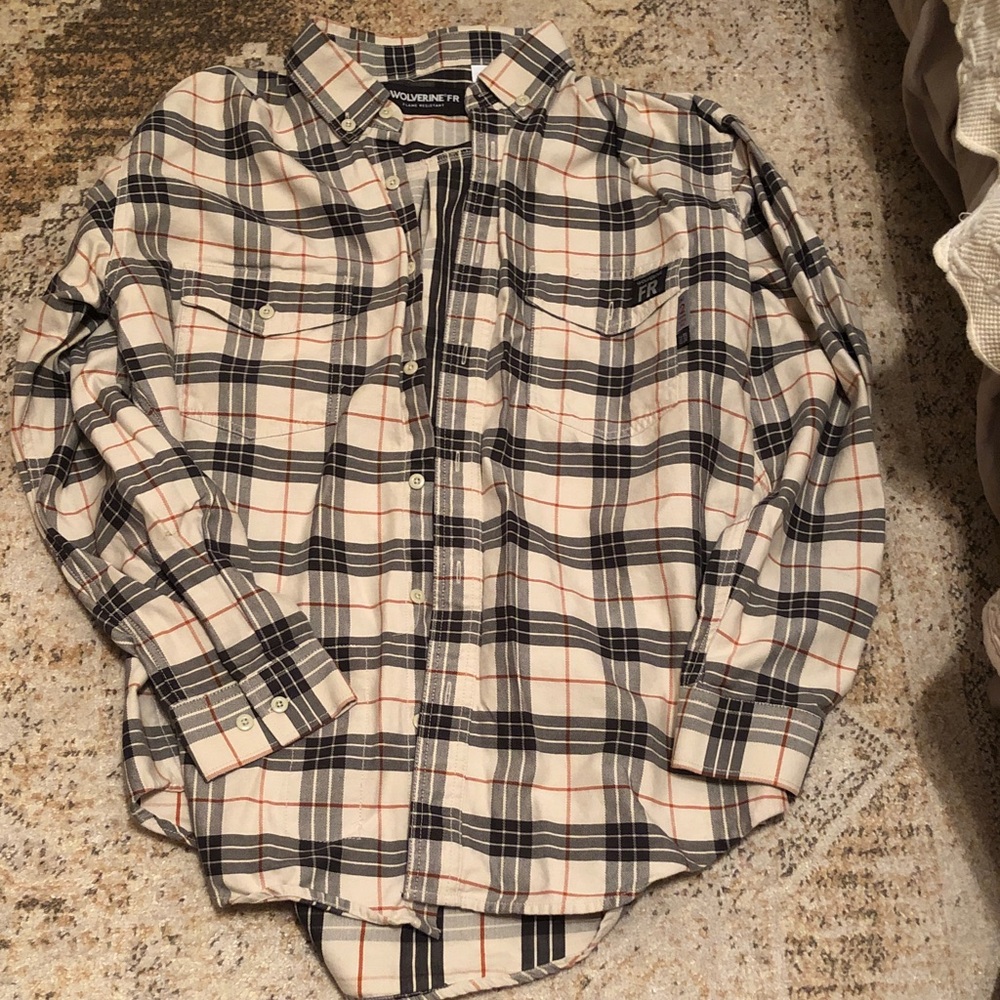 Wolverine Men’s Fire Resistant Cream, Black & Orange Plaid Button-Down Shirt